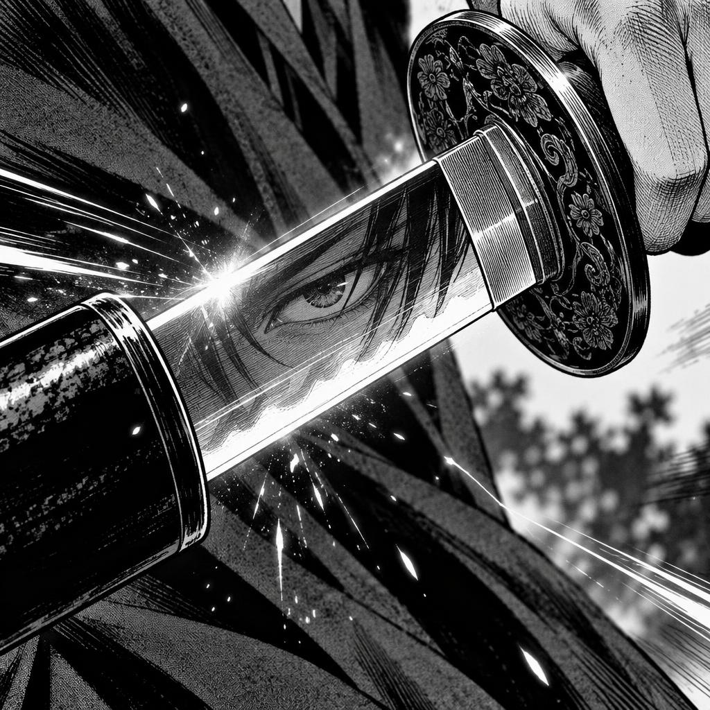 A drawn blade fills the panel